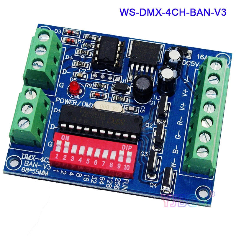 Description Picture 3 of item5V 12V 24V DC 4 Channels DMX512 Decoder 4CH DMX Controller Board RGBW LED Strip Light Tape Lamp Module Dimmer WS-DMX-4CH-BAN-V3