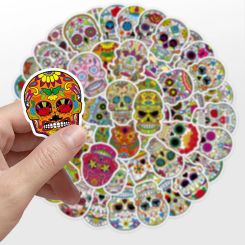 50pcs Mexican Day of the Dead Headbone 5x6cm Sticker Party Favor Skateboard Suitcase Guitar Kettle Deco Waterproof Phone Case
