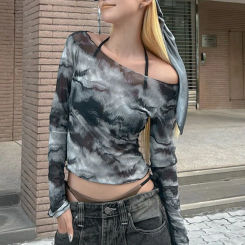 Slash Neck T Shirts For Women Tie Dye Crop Top Long Sleeve Camisetas Slim Fit Y2k Accessories Mesh See Through Roap De Mujer