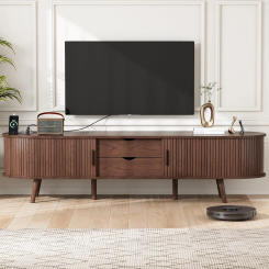 US 69" Mid Century Modern TV Stand with Charging Station, Farmhouse Curved Round Edge TV and Media Console Table with
