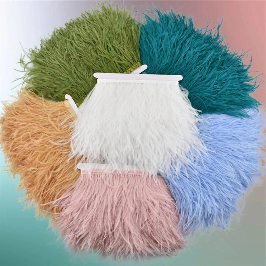 Description Picture 4 of item1Meters Ostrich Feathers on Tape Fringe Trim Ribbon 10-15cm 4-6" Long White Feather Trims Decor for Clothes Flecos Decoration