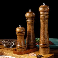 Classic Oak Wooden Pepper Spice Grinder Sets,Hand Mill Salt Grain Malt Seasoning and Pepper 8 inch Wood Grinder for KItchen Tool