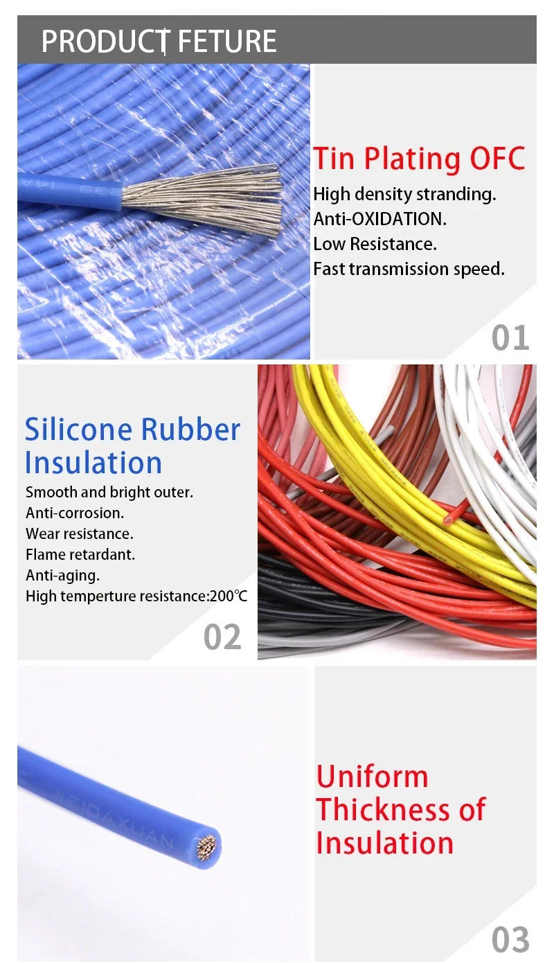 Description Picture 4 of item2M/5M UL3239 Copper Wire 30 28 26 24 22 20 18 16 14 12 10 8 AWG Silicone Insulated Tinned Copper 3KV DIY LED Electronic Cable