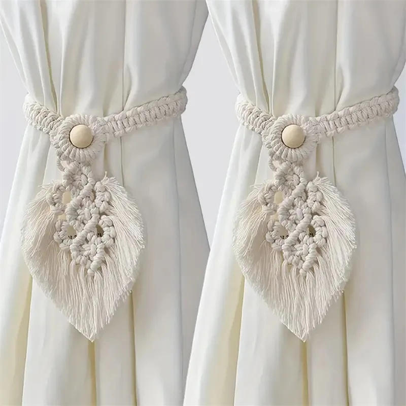 Description Picture 6 of itemLeaf Macrame Curtain Tie Backs Hand-Woven Cotton Tassel Curtain Straps Tie Decorative Accessories For Living Room Boho Decor