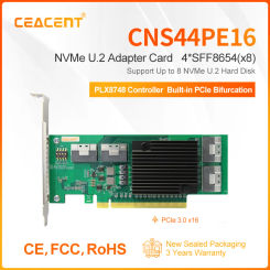 CEACENT CNS44PE16 NVMe SSD to PCIe Adapter, PCIe 3.0 x16 4*SFF-8654(x8) for NVMe U.2 or PCIe Extend, No PCIe Bifurcation Need