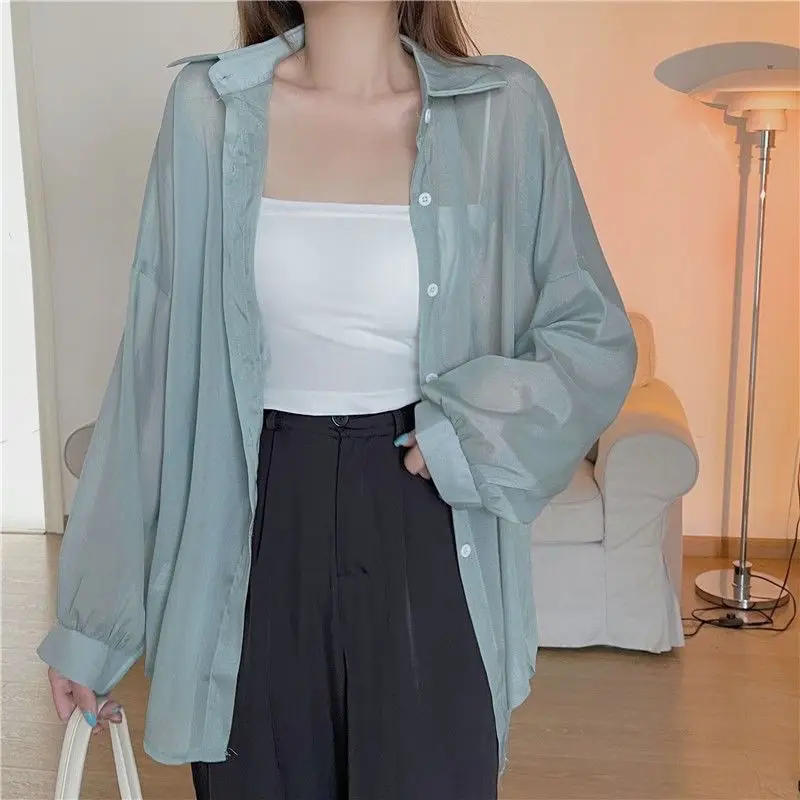 Description Picture 4 of itemWomen Shirt Long Sleeve Top Blouse Female Chiffon Loose Summer Cardigan Thin Sexy Solid Color Casual Shirt Outerwear Прозрачная
