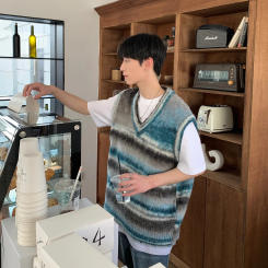 Spring Autumn Niche Korean Style Lazy Vintage Color Blocking Stripe Knitvest Loose Fit V-neck Sweatervest Casual Scene