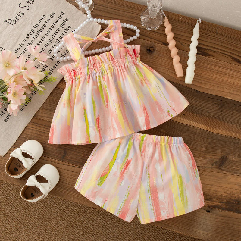 Description Picture 4 of itemSummer Casual Beach Costumes for Baby Bow Suspender Top with Shorts Colorful Tie Dye Cotton Suit 2 Piece Baby Girl Wear
