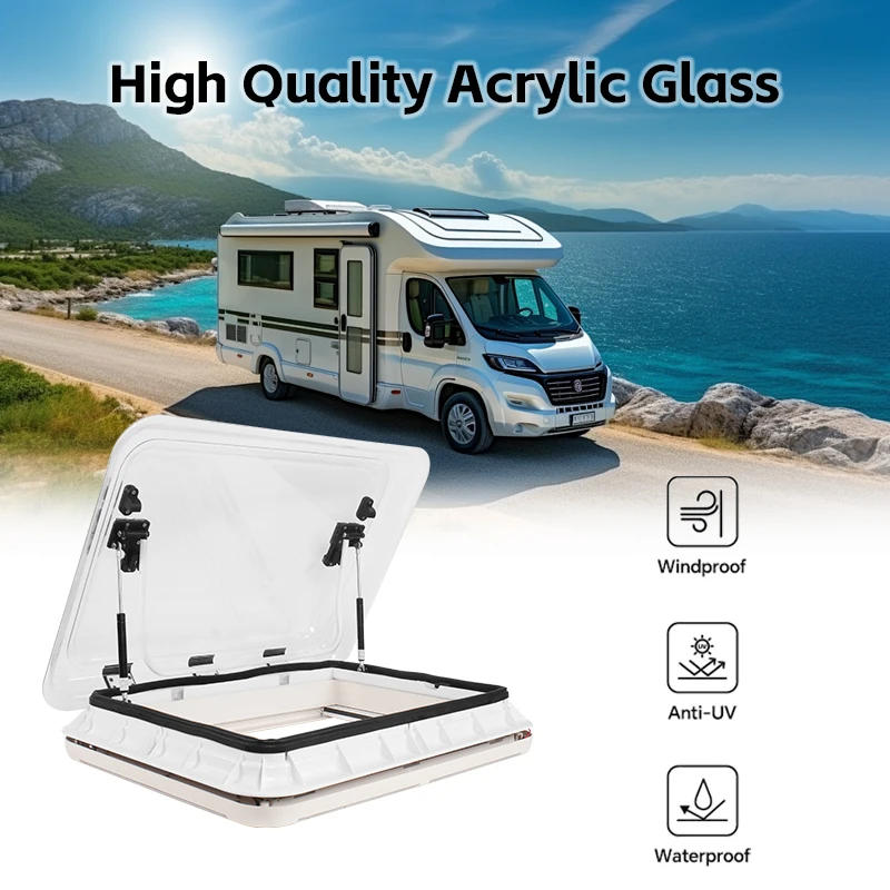 Description Picture 3 of item700 * 500 Camper Top Rv Car Roof Window  with Led Light Pleated Curtain and Flying Screen Acrylic Glass