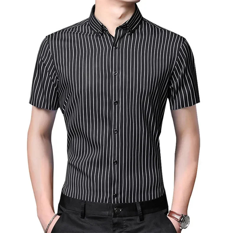 Description Picture 5 of item2023  Regular Fit Short Sleeve Strech Striped Shirts for Men Summer Soft Business Men's Dress Shirt Casual