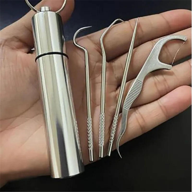 Description Picture 2 of item4pcs Dental Tools Teeth Cleaning Kit Travel Tooth Picks Cleaning Set Reusable Metal Titanium Toothpicks With Holder For Outdoor