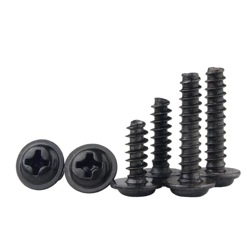 Description Picture 6 of itemM1.4 M1.7 M2 M2.3 M2.6 M3 M3.5 M4 Black Plated PWB Cross Pan Head With Washer Flat Tail Self Tapping Screws Round Head Phillips