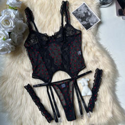 Lovermore Sexy Lingerie Set Romantic Heart-Shaped Lace Ruffled Beautiful Underwear Fancy Exotic Set Valentine Polka Dot Intimate