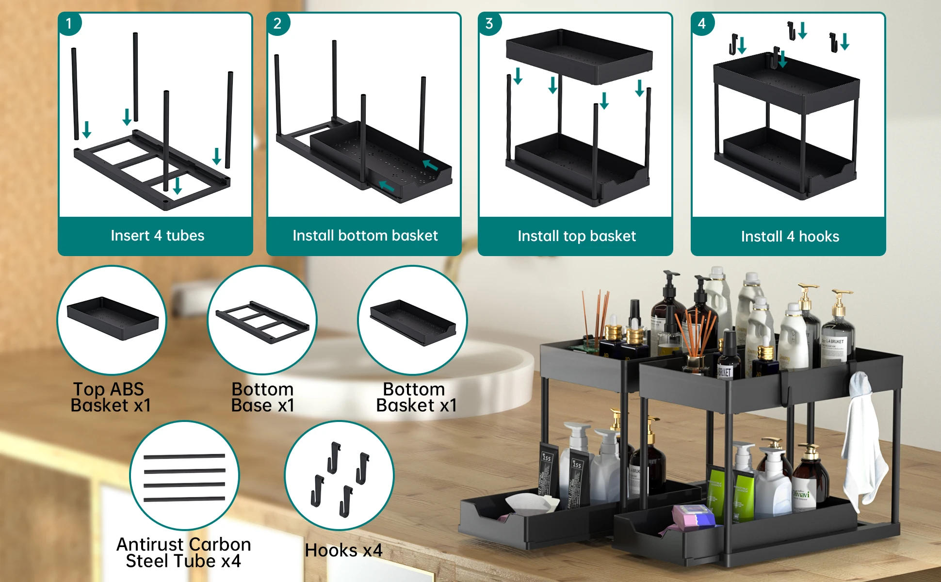 Description Picture 6 of item2-Tier Multi-Use Kitchen and Bathroom Organizers Storage with Sliding Drawers, Bathroom Cabinet Organizer with Hooks Hanging Cup