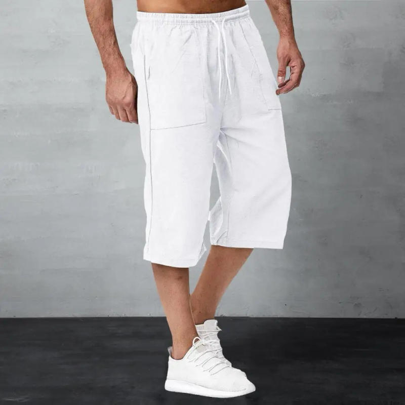 Description Picture 4 of itemSolid Color Cropped Pants Men's Mid-rise Elastic Drawstring Wide Leg Pants with Pockets for Summer Streetwear Cropped Trousers