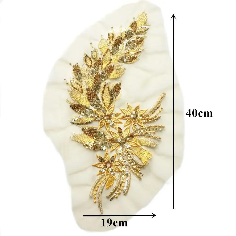Description Picture 5 of itemBlue Black Gold Sequins Feather Tail Flowers Appliques Lace Trims Mesh Sew On Patch Embroidery For Wedding Gown Decoration DIY