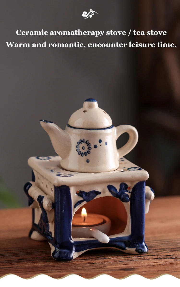 Description Picture 2 of itemHome Aromatherapy Pot Ceramic Candle Holder Boiling Tea Stove Hotel Front Desk Blue Porcelain Essential Oil Lamp Beauty Salon