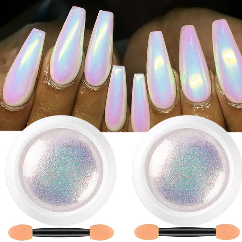 Description Picture 4 of item1/2PC Pearl White Mermaid Aurora Chrome Nail Powder Metallic Neon Rainbow Dust Nail Art Gel Polish Supplies Mirror Chrome Powder