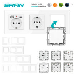SRAN F6 Series multiple frames White tempered glass panel,EU FR sockets and switches Rj45 TV satellite module DIY