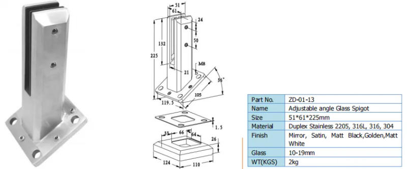 Description Picture 2 of itemStainless Steel Duplex 2205 Satin Brushed Glass Level Adjustable Glass Spigot