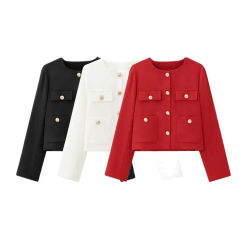 TRZA-Cropped Jacket with Golden Buttons for Women, O Neck, Long Sleeve, Female Outerwear, Chic Tops, Fashion
