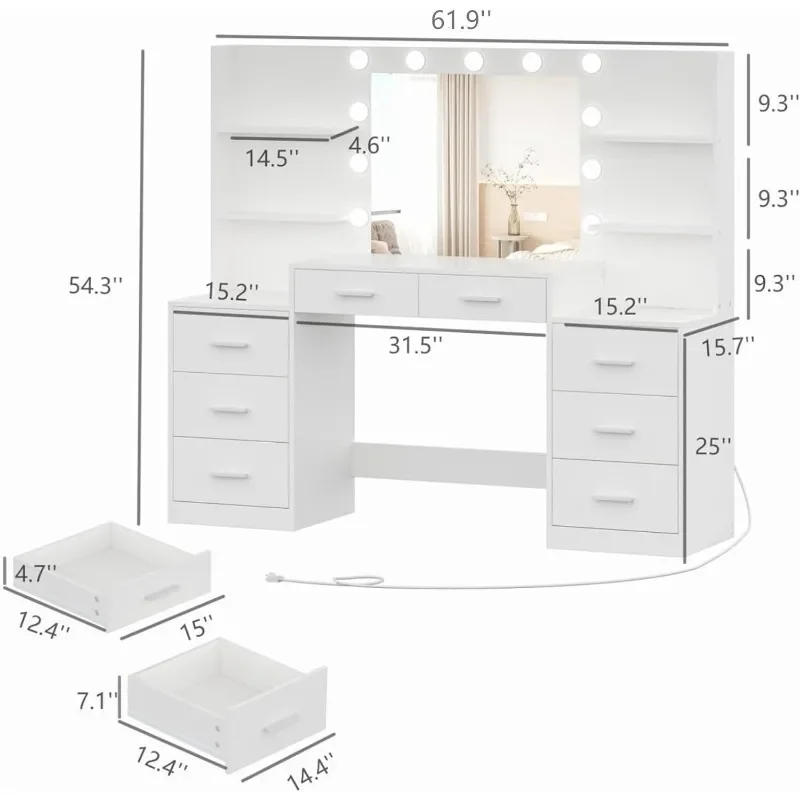 Description Picture 6 of itemMakeup Vanity Table with Mirror & Lights, Vanity Desk with Power Strip, Large Drawer & Six Open Storage Dresser 3 Lighting Modes