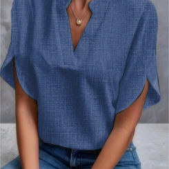 Ladies Summer Solid V-Neck Pullover Top Off Shoulder Loose Linen Short Sleeves Elegant Shirt