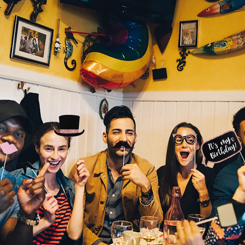 Description Picture 4 of item30/26pcs Birthday Photo Booth Props Glitter Mask Hat Mustache Lip PhotoBooth Props for Adult Men Women Birthday Party Decoration