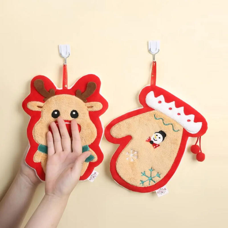 Description Picture 5 of itemThickened Christmas Hanging Hand Towels Coral Velvet Soft Plush Hand Towel Absorbent Cartoon Cleaning Towels Holiday Party Decor