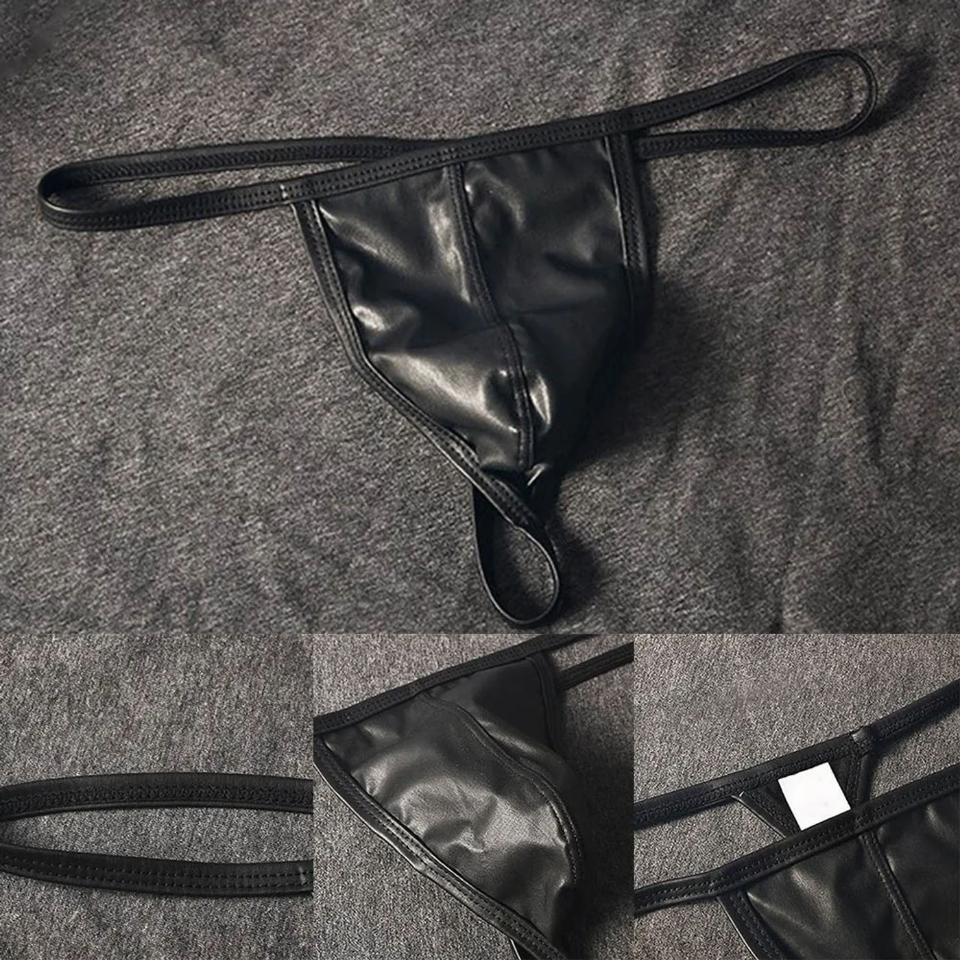 Description Picture 3 of itemSexy Men's Thongs Black Imitation Leather Men Bulge Pouch Briefs Low Waist Underwear Pump Man Bikini G-string Brazilian Thong