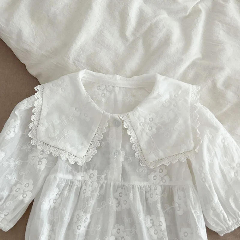 Description Picture 6 of itemSpring Autumn Baby Clothes Toddler Peter Pan Collar One Piece Korean Infant Girls Floral Embroidered Solid Color Bodysuit