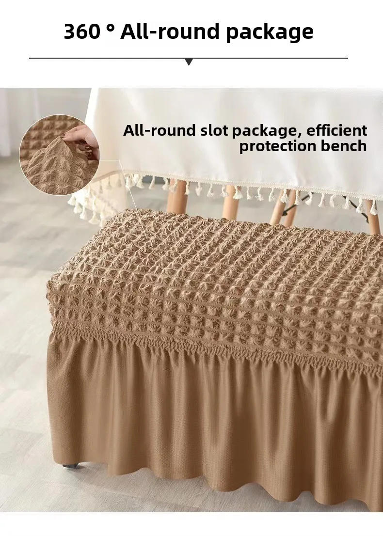 Description Picture 6 of item1PC Solid Color Seersucker Bench Cover with Skirt Non-Slip Dining Seat Slipcover Elastic Piano Chair Case Bedroom Seat Protector