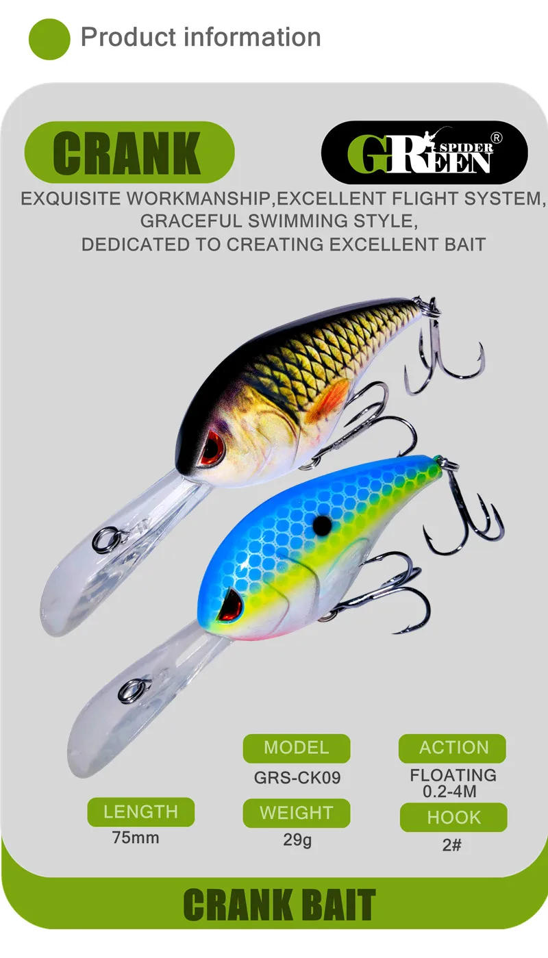 Description Picture 2 of itemGREENSPIDER NEW Crankbait 75mm 29g Floating Fishing Lure Crank Baits Hard Lures Depth 0.4 m For Bass Pike Fishing Freshwater
