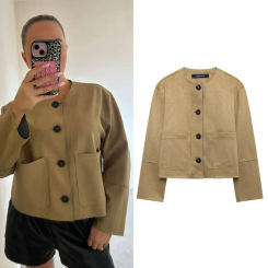 HXAO Crop Suede Jacket Women's Jacket Autumn Short Vintage Jacket Ladies Big Pockets O-Neck Long Sleeve Coats New In Outerwears
