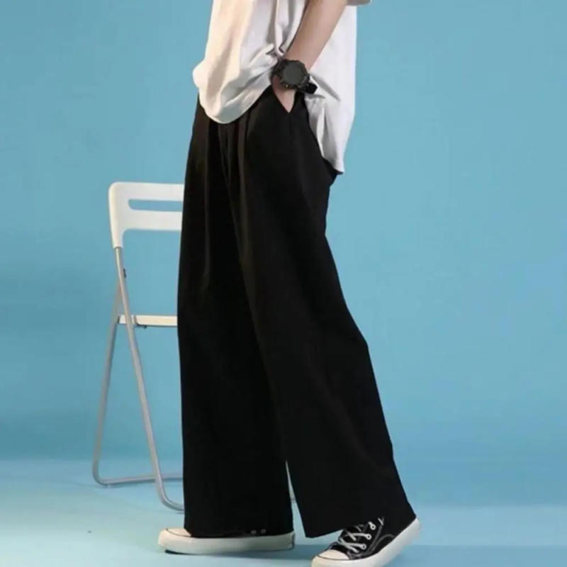 Description Picture 6 of itemDrawstring Elastic Waist Straight Wide Leg Men Pants Loose Thin Solid Color Deep Crotch Long Sports Trousers Casual Sweatpants
