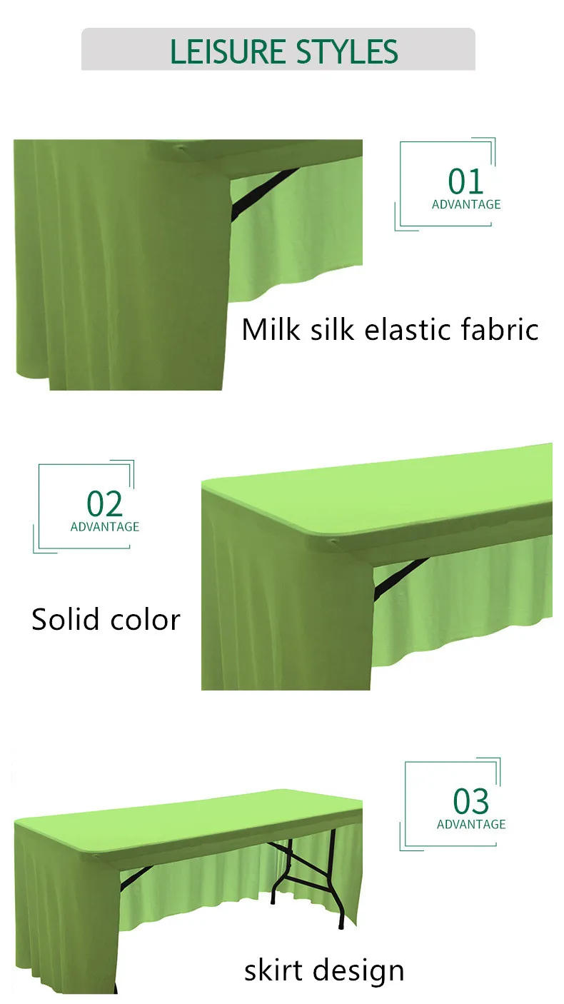 Description Picture 3 of itemSolid Elastic Spandex Tablecloth Hotel Banquet Wedding Exhibition Decor Skirt Table Cover 4/5/6/8FT Stretch Fabric Milk Silk