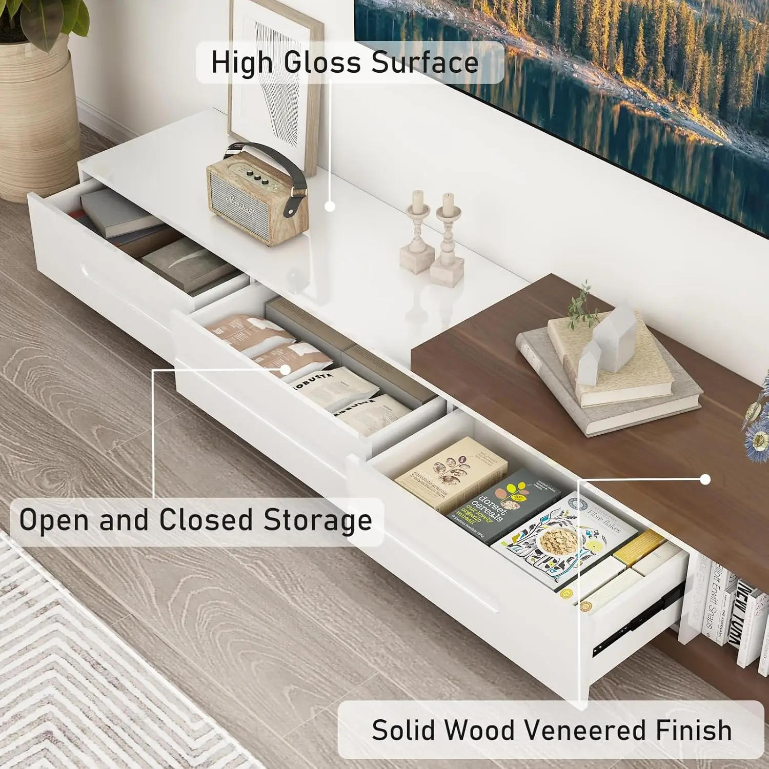 Description Picture 3 of itemExtendable TV Stand, Modern Entertainment Center for Up To 120 Inch TV, Wood Reversible TV Media Console with 3 Drawers