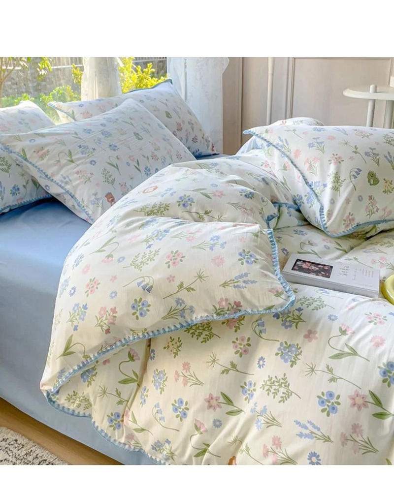 Description Picture 6 of itemPastoral Girls Flower Bedding Sets, Washed Cotton Bed Linens, Soft Quilt Cover Sheet Set, Simple Bedspread, Home Textiles