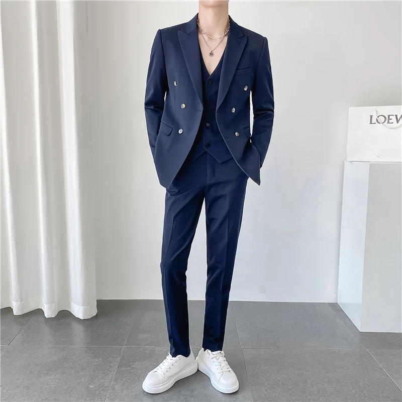 Description Picture 5 of itemIns Light Mature Style Korean Version Slim Fit (suit + Vest + Trousers) Casual Solid Color Double Breasted Men's Three-piece Set