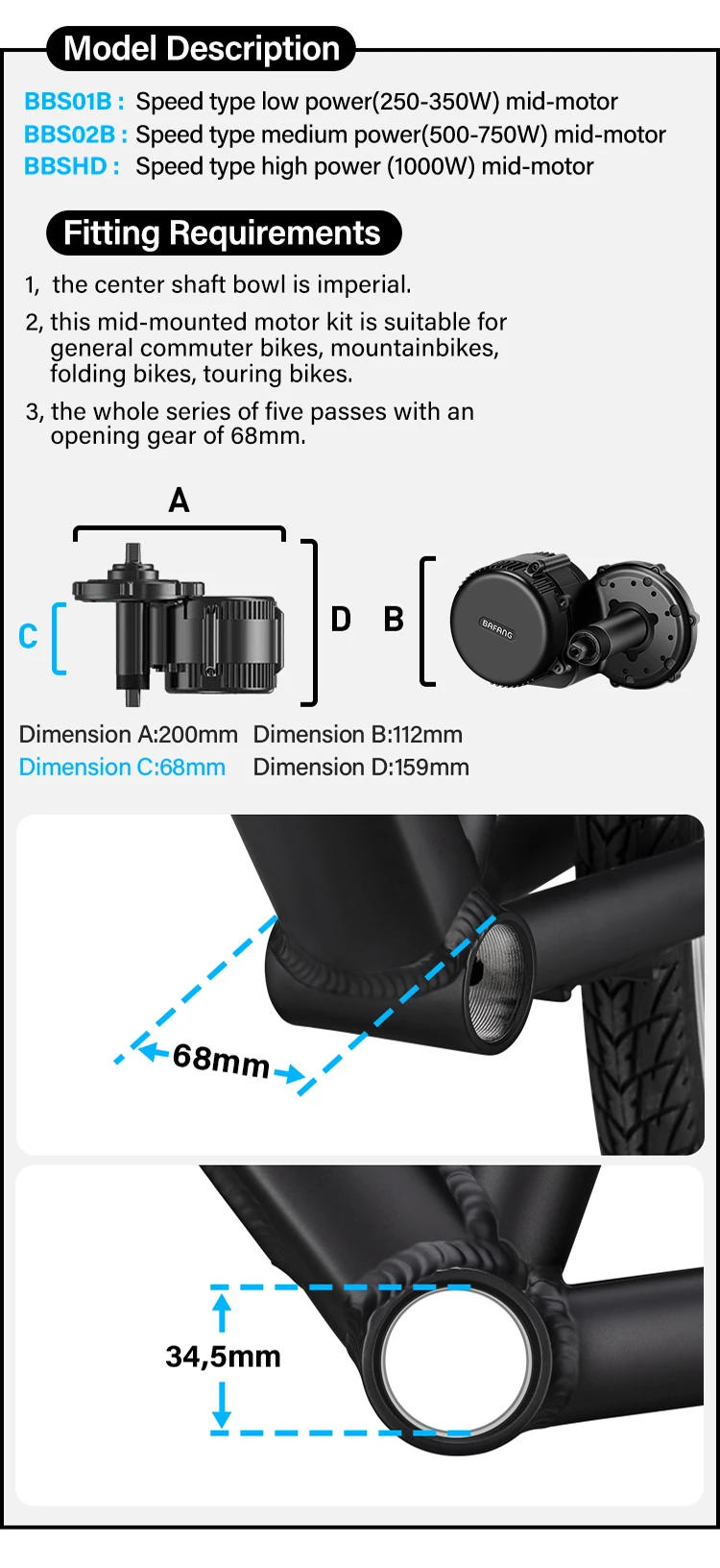 Description Picture 4 of itemBafang M325 M215 Mid Drive Motor Conversion Kit 48V 750W Brushless for 68MM 8Fun BBS02B  Electric Bicycle Motor