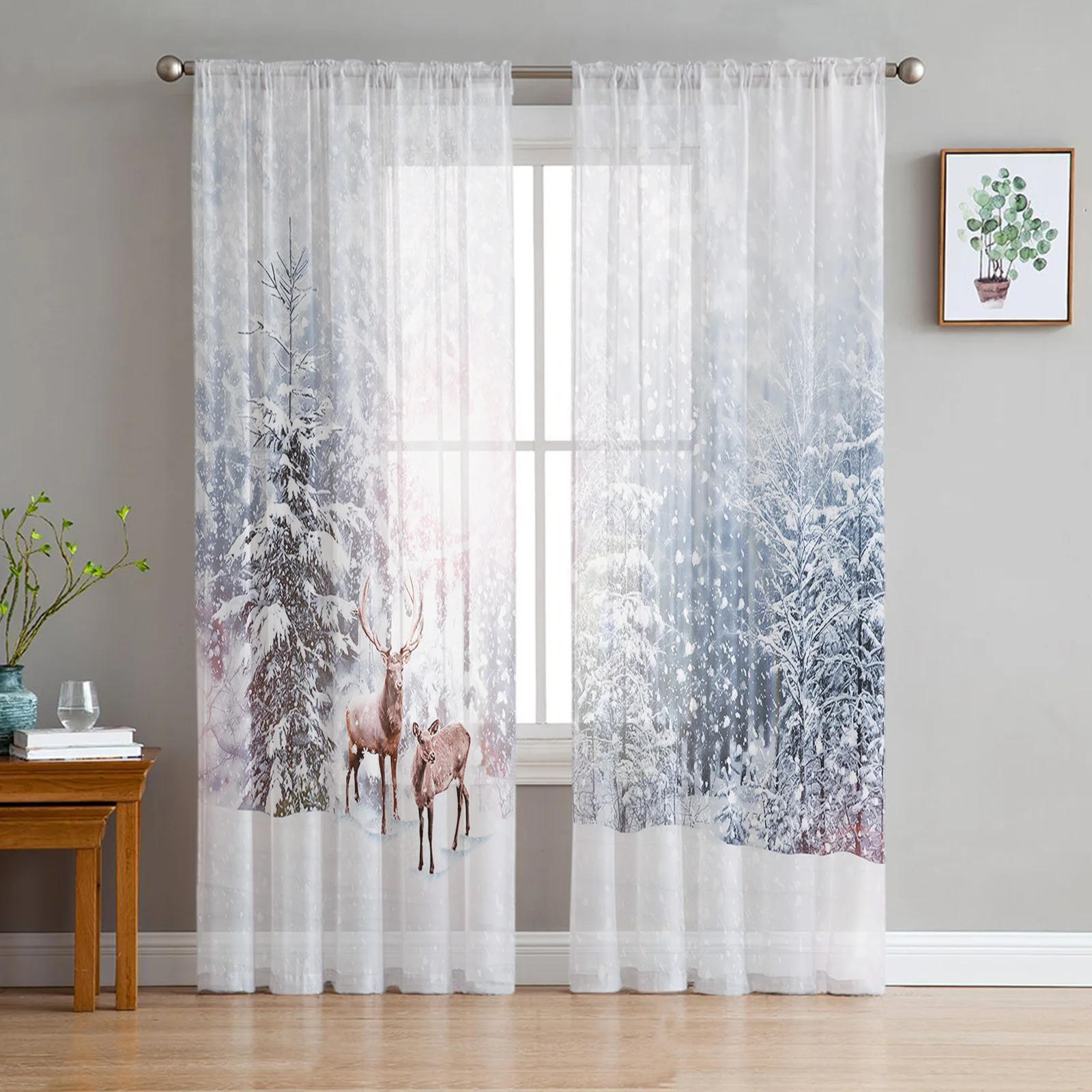 Description Picture 6 of itemSnowing Winter Elk Christmas Tulle Curtains for Living Room Decoration Bedroom Sheer Curtains Room Kitchen Window Treatment