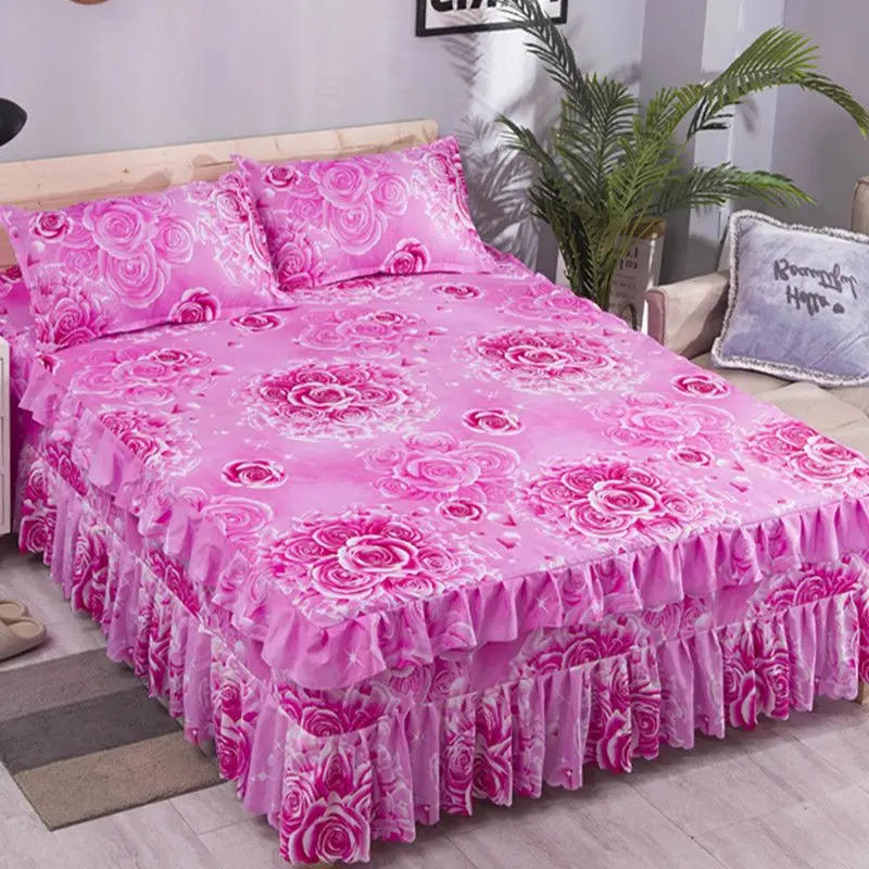 Description Picture 3 of item3Pcs Bed Sheet Lace Skirt Elastic Fitted Double Bedspread With Pillowcases Mattress Cover Bedding Set Elastic King Size Bedsheet