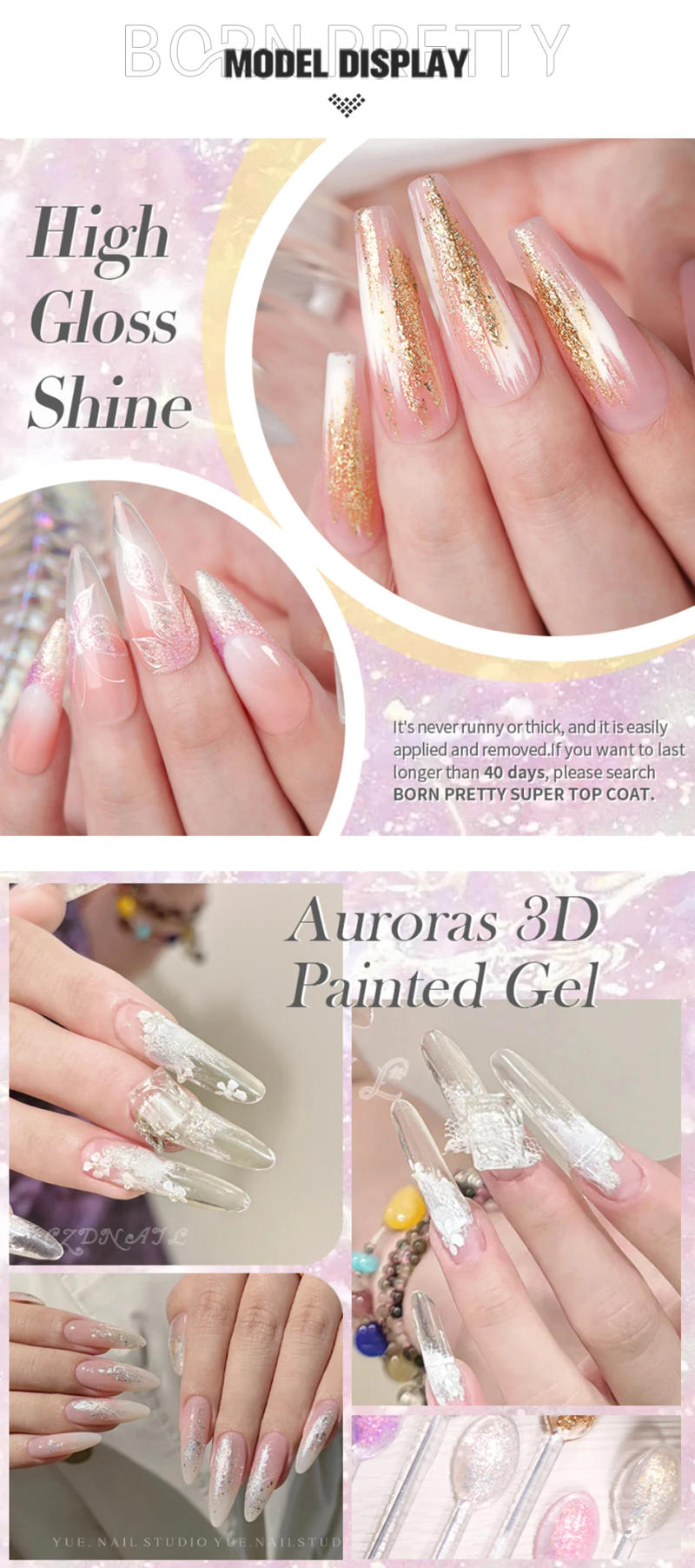 Description Picture 5 of itemBORN PRETTY 5ml Auroras 3D Painting Gel Nail Polish Spaking Glitter Super Shining Soak Off UV LED Nail Art Varnish Manicure