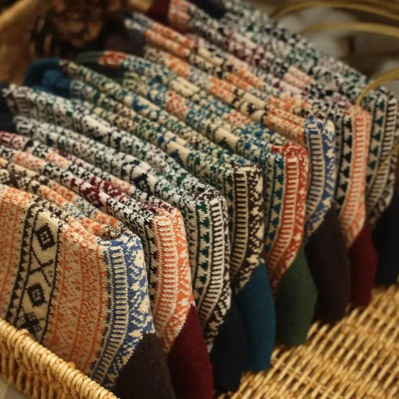 Description Picture 4 of item5pairs Soft Comfortable Medium Tube Socks Summer Thin Thick Line Rhombus Ethnic Style Stockings