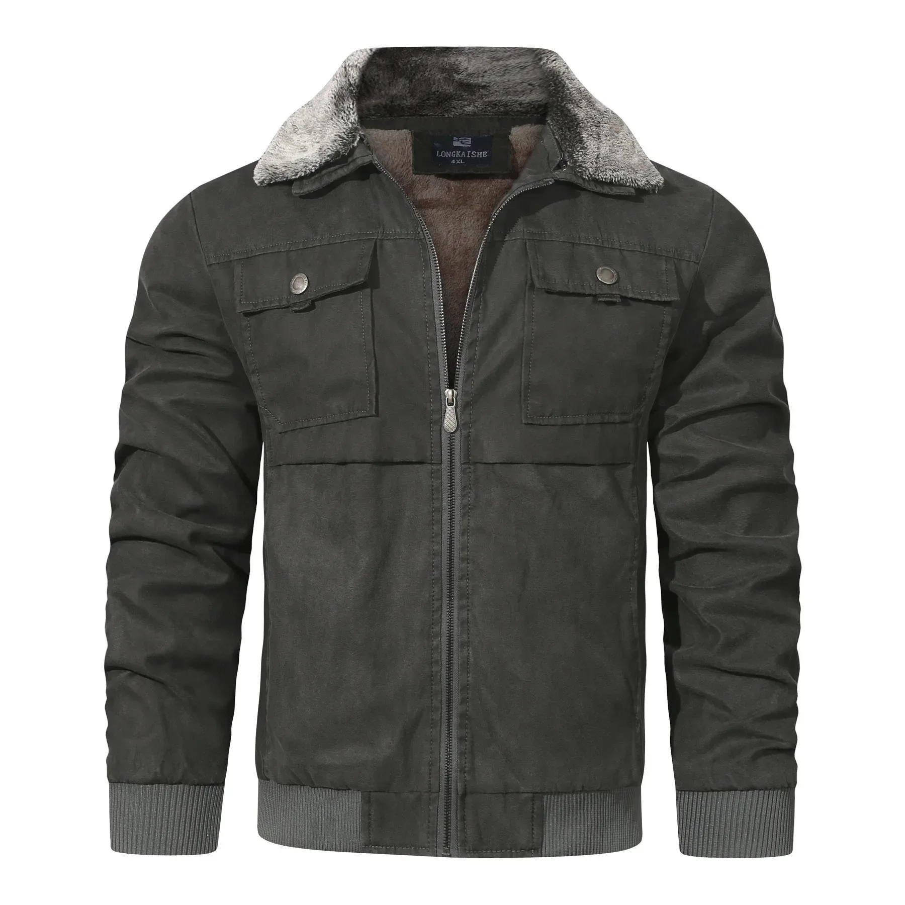 Description Picture 6 of itemWinter Men's Windproof Jackets Warm Plus Fleece Lapel Outcoats Men Loose Solid Color Military Jacket Men Thick Outdoor Clothing