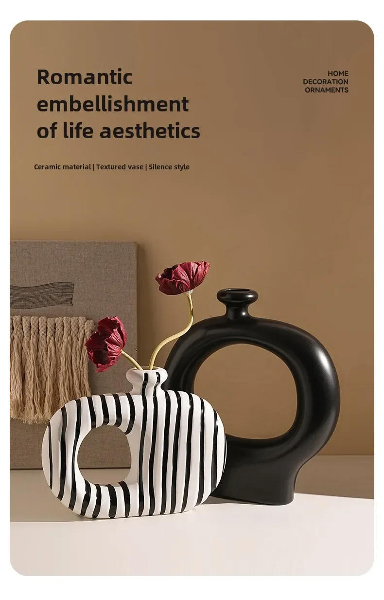 Description Picture 2 of itemStripes Ceramic Vase Desk Decoration Porcelain Hydroponics Utensils Artificial Flower Arrangement Floral Vases Room Aesthetic