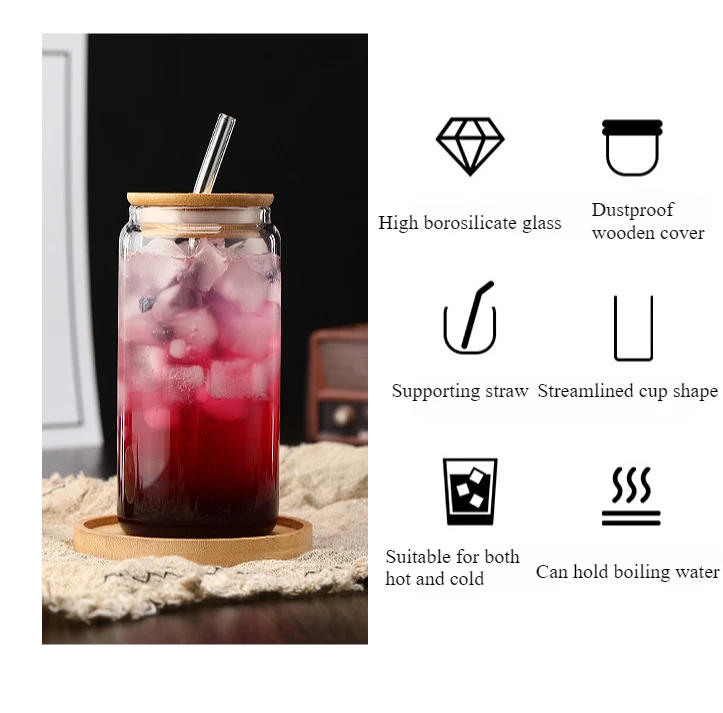 Description Picture 3 of item550ml Glass Cup with Wooden Lid and Straw Travel Transparent Bubble Tea Cup Milk Beer Can Cocktail Mug Beverage Glassware