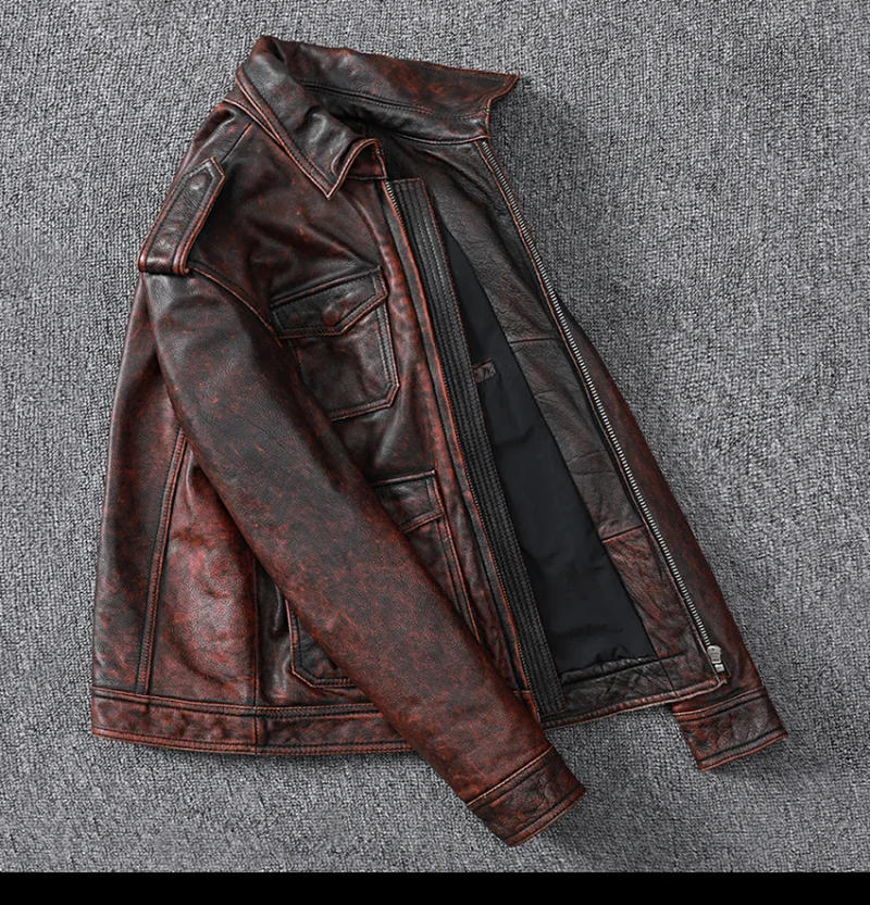 Description Picture 4 of itemShipping Free Vintage Brown Genuine Leather Jacket Men Natural Cowhide High Quality Coat Hunting Clothes Style