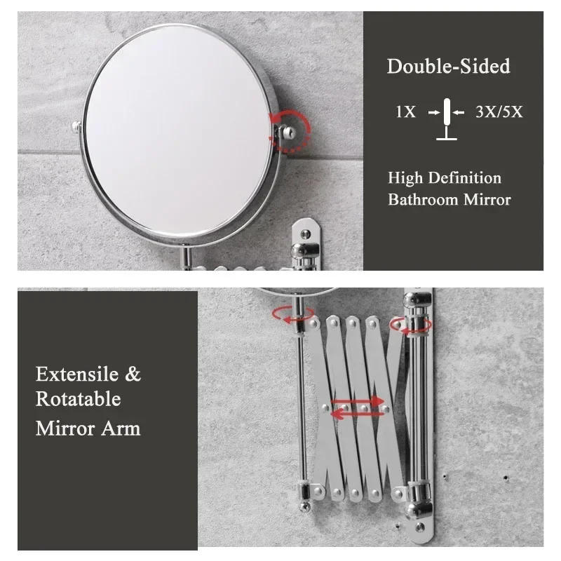 Description Picture 3 of itemBathroom Folding Vanity Mirror Wall-mounted Vanity Vanity Mirror Retractable Mirror Metal Double-sided Mirror 2X/3X Magnificatio
