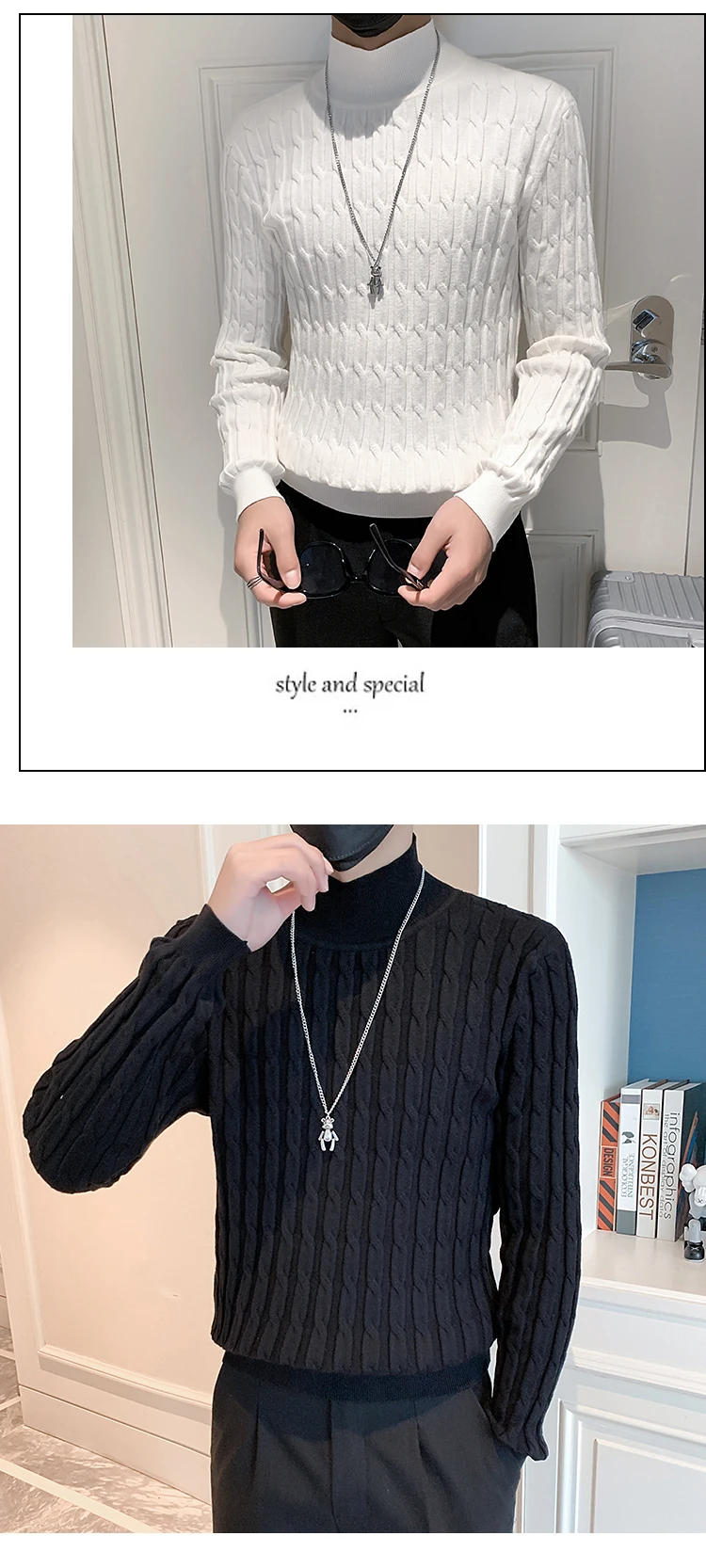 Description Picture 6 of itemNew Arrival Autumn and Winter New Sweater Men's Solid Color Mock Collar Bottoming Shirt Plus Size Knit Pullover 2024 D73
